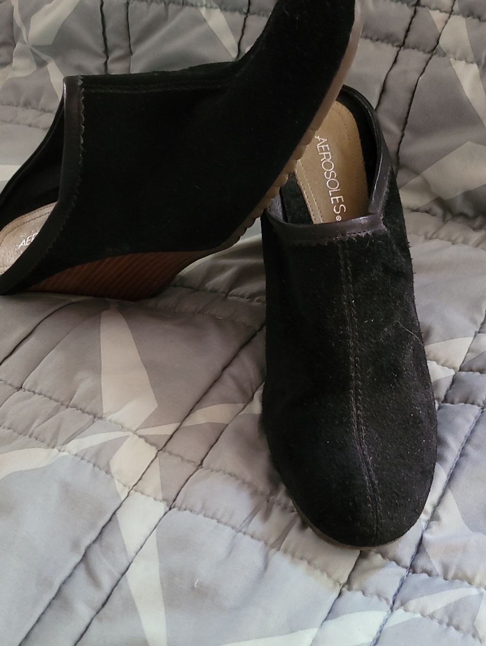 AEROSOLES Black Suede Slip-On Wedge Mules